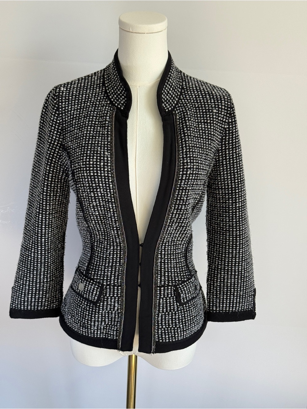 White House Black Market Black, Silver & Gray Tweed Zip Jacket